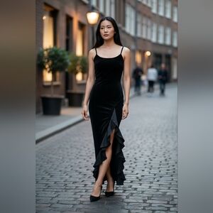 VTG Krizia D. Black Dress Ruffle Cocktail Sexy Stretch Y2K Grunge Vamp Goth Prom